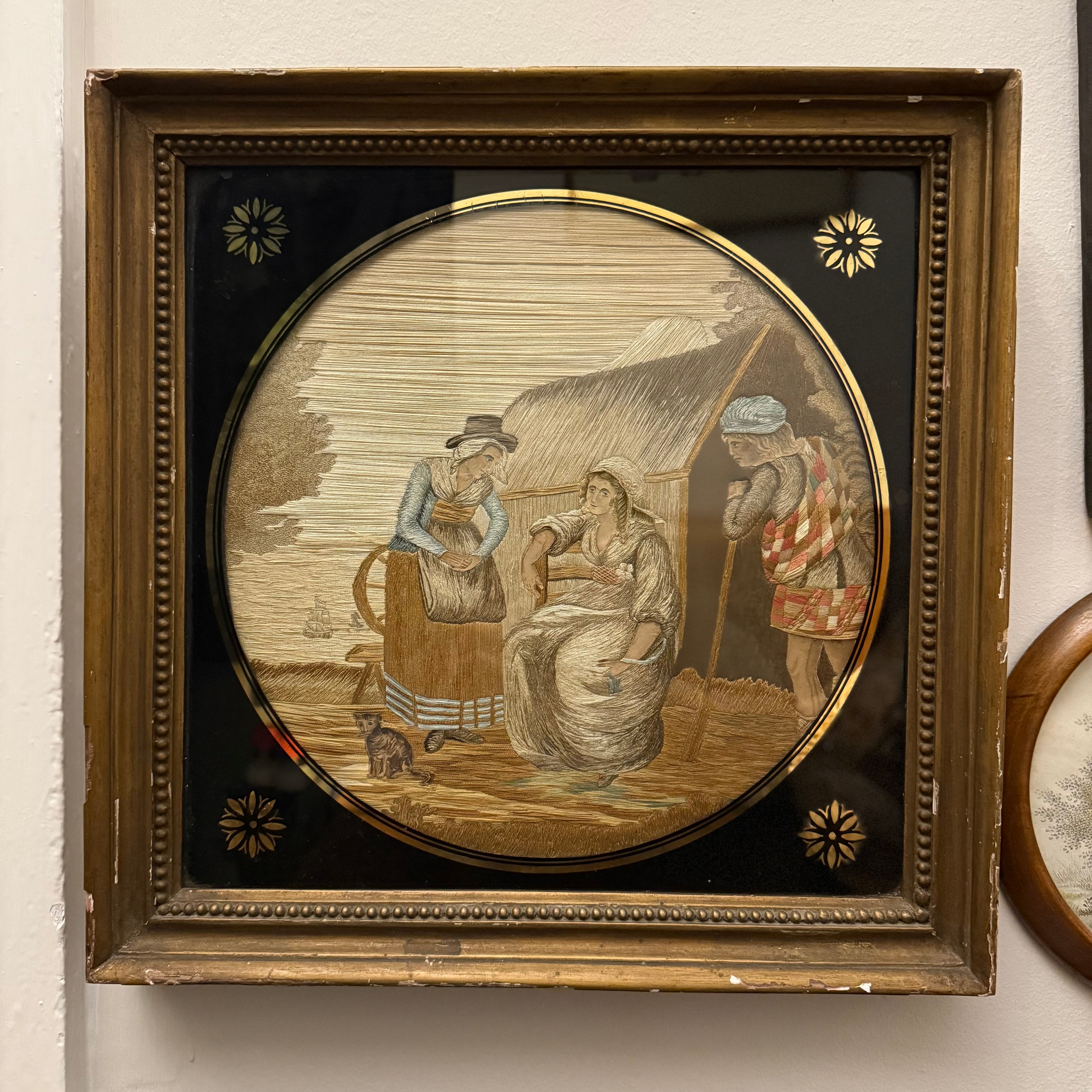 Georgian 18th century silk work with Scotsman and cat