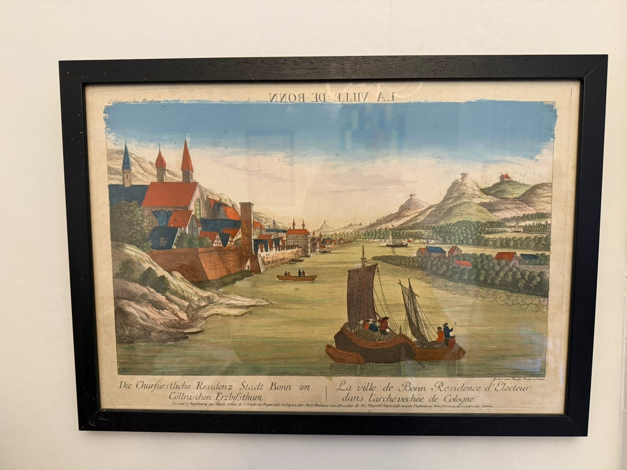 18th century Vue Perspective hand coloured engraving of Bonn, Germany