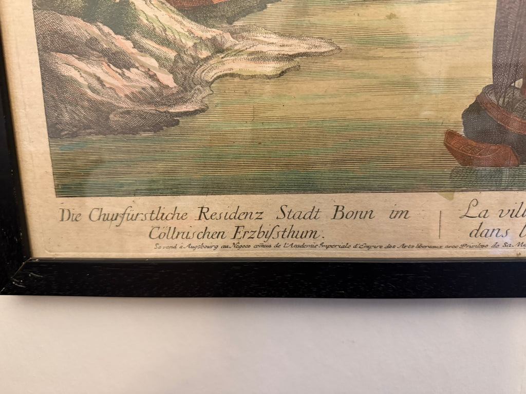 18th century Vue Perspective hand coloured engraving of Bonn, Germany