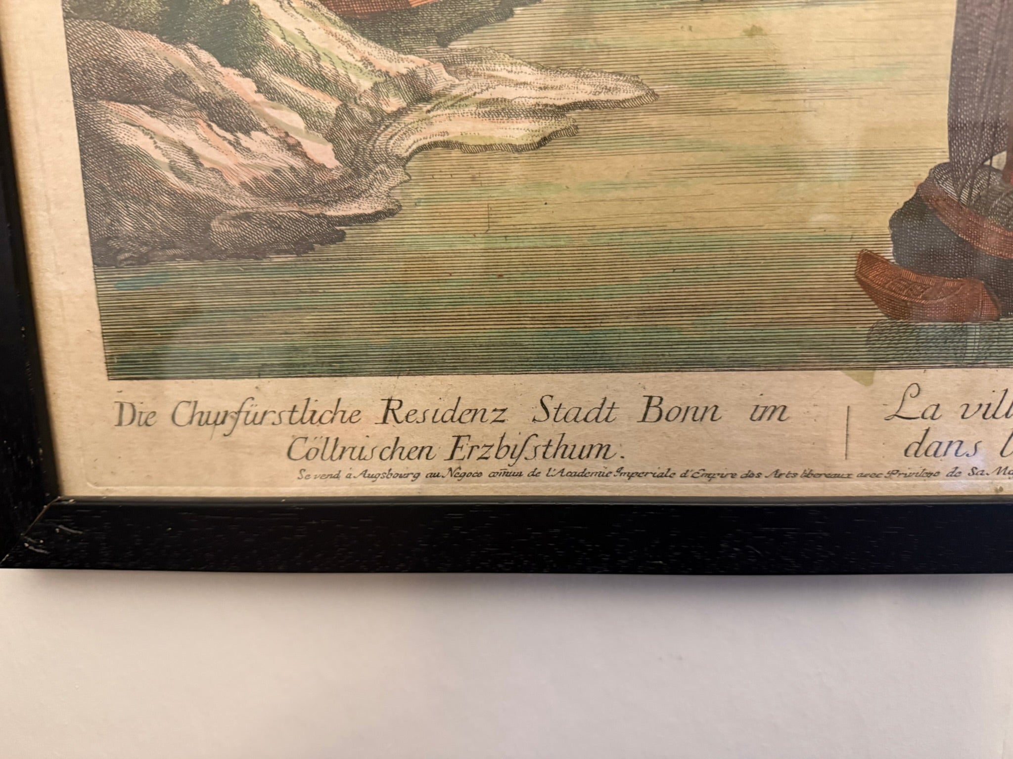 18th century Vue Perspective hand coloured engraving of Bonn, Germany