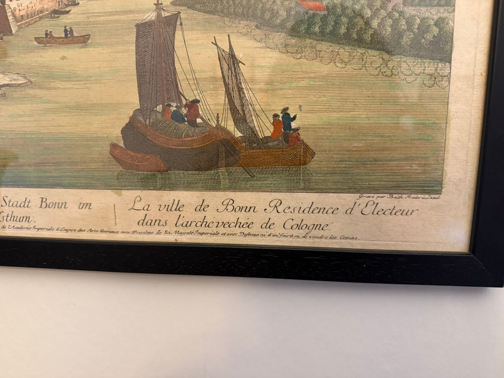 18th century Vue Perspective hand coloured engraving of Bonn, Germany