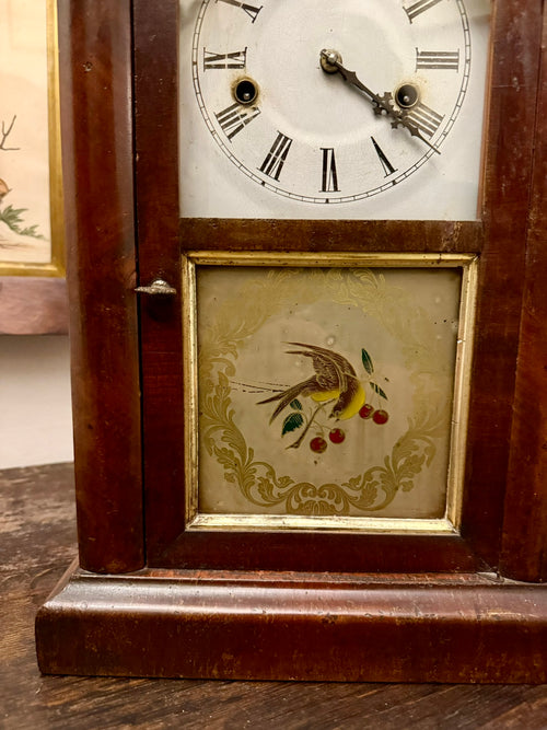 1860s antique American gothic tower clock with reverse glass panel
