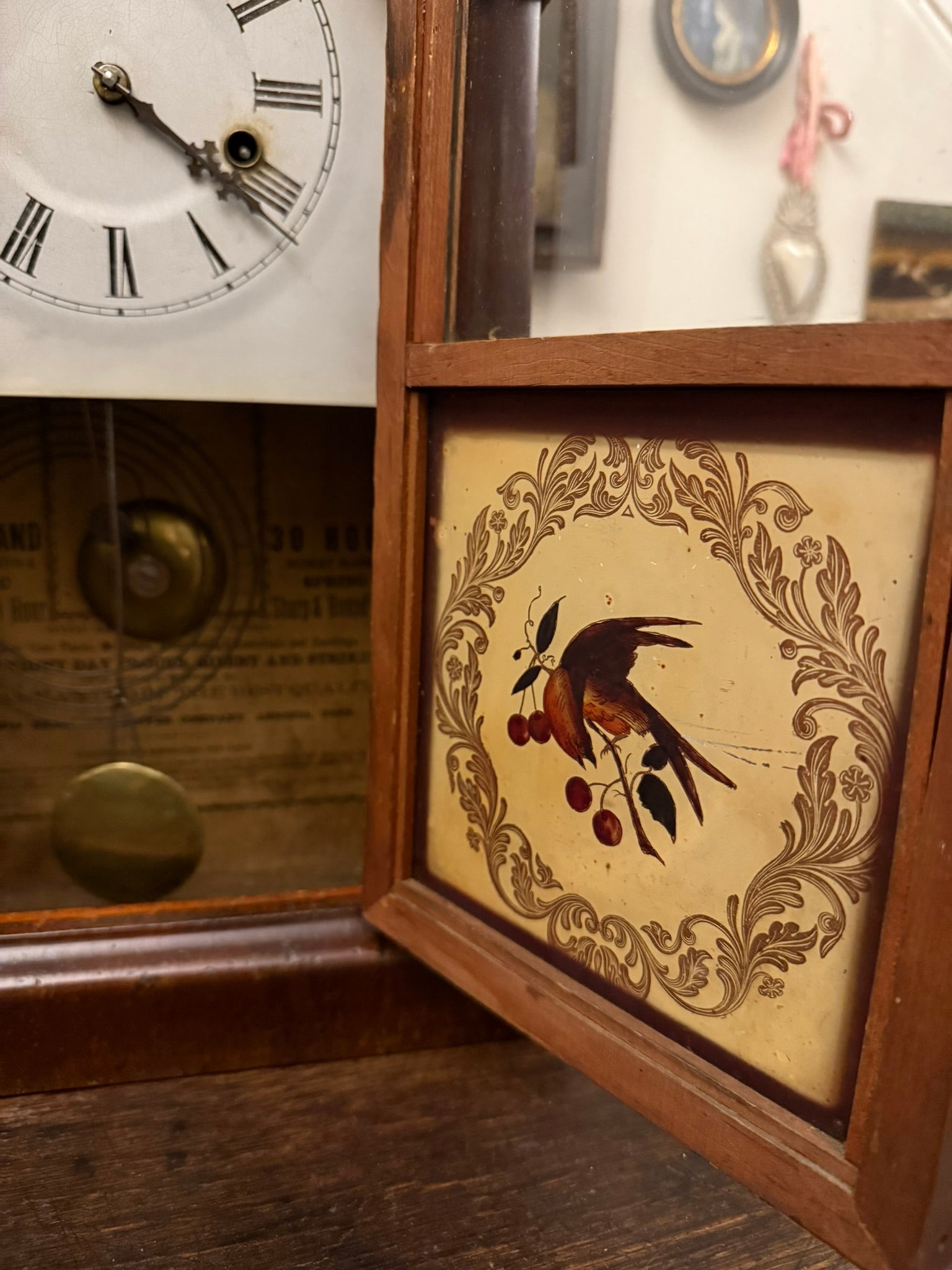 1860s antique American gothic tower clock with reverse glass panel